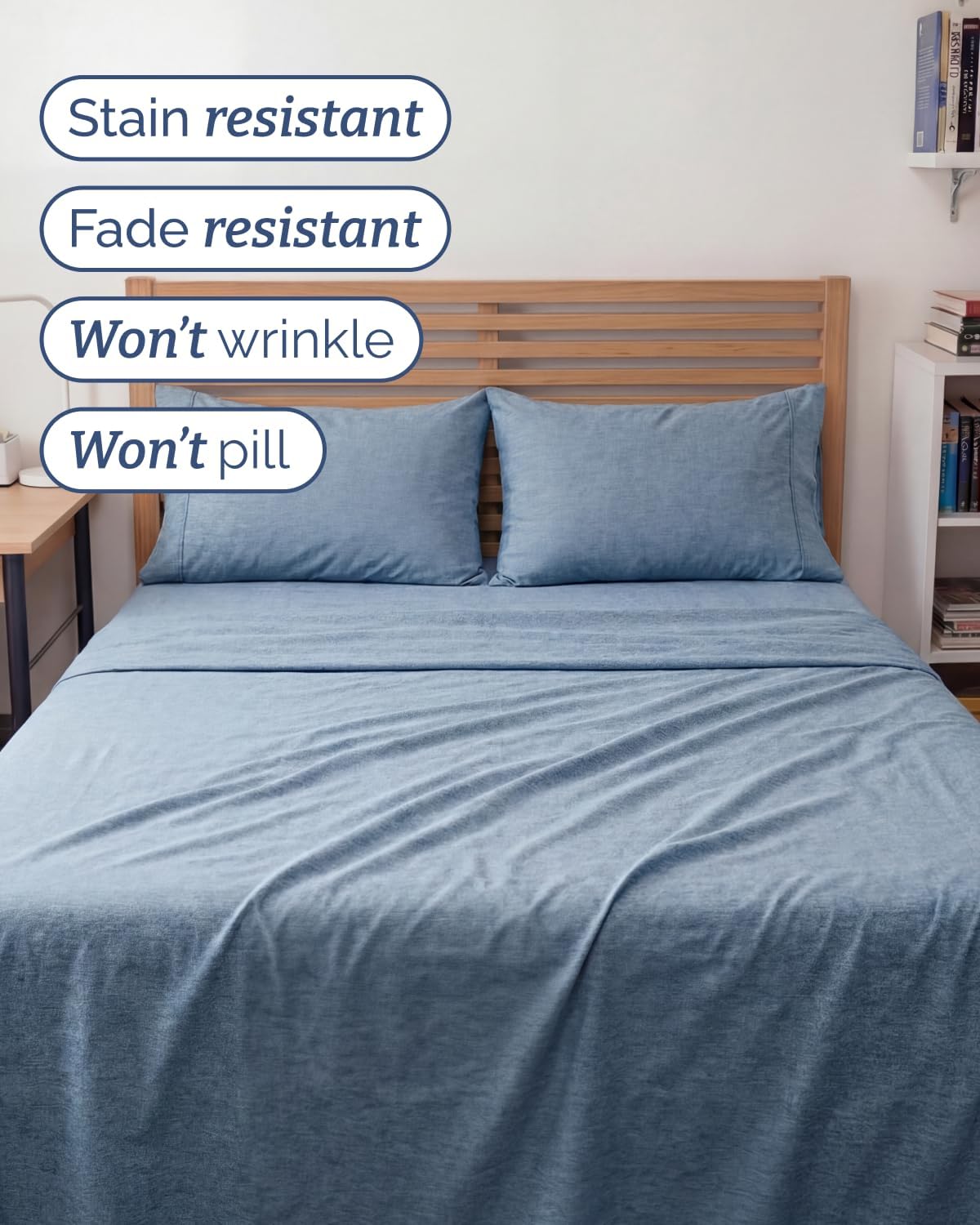 Skiennix Full XL Bed Sheet Set - 4-Piece Soft, Breathable & Cooling Bedding - Deep Pockets, Fade & Wrinkle Free - Heathered Blue