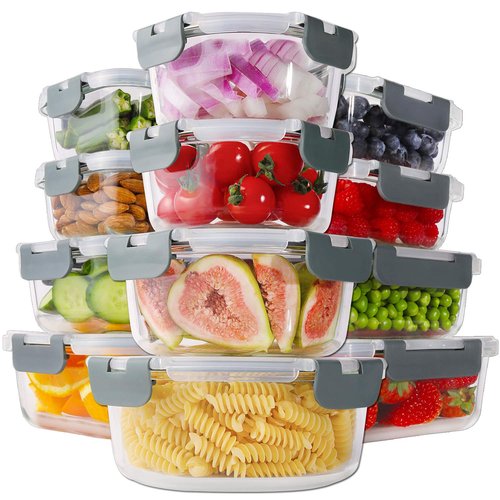 HOMBERKING 24pc Borosilicate Glass Food Storage Containers with Snap Locking Lids, Glass Meal Prep Containers, Airtight Lunch Boxes, Oven, Freezer and Dishwasher Safe, BPA Free, Kitchen Storage Set