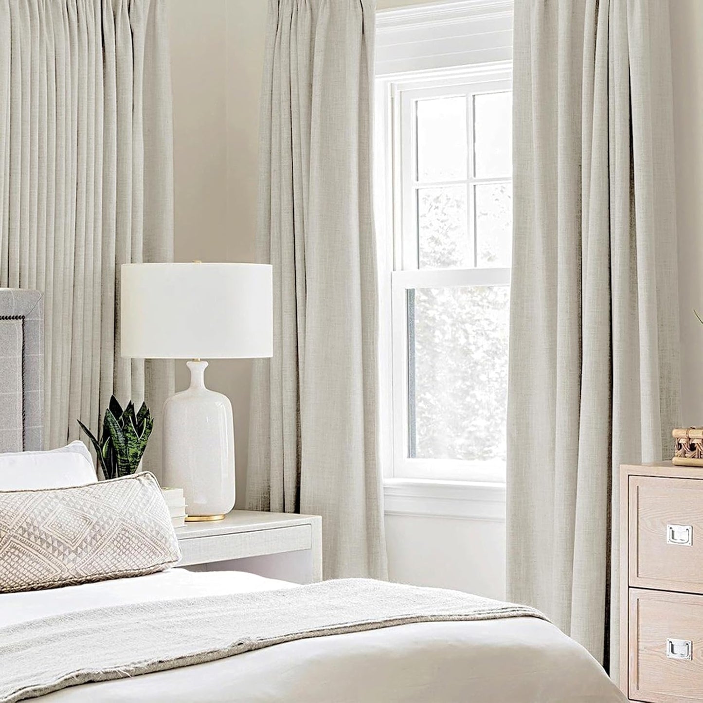MIULEE Linen Texture Curtains - 100% Blackout Thermal Insulated Drapes | Light Cream, 52x108 Inch (2 Panels)