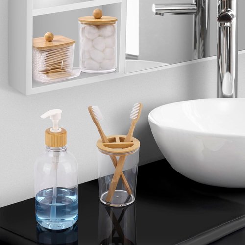 Bamboo Bathroom Accessories Set - 4-Piece Collection with Clear Toothbrush Holder & Soap Dispenser