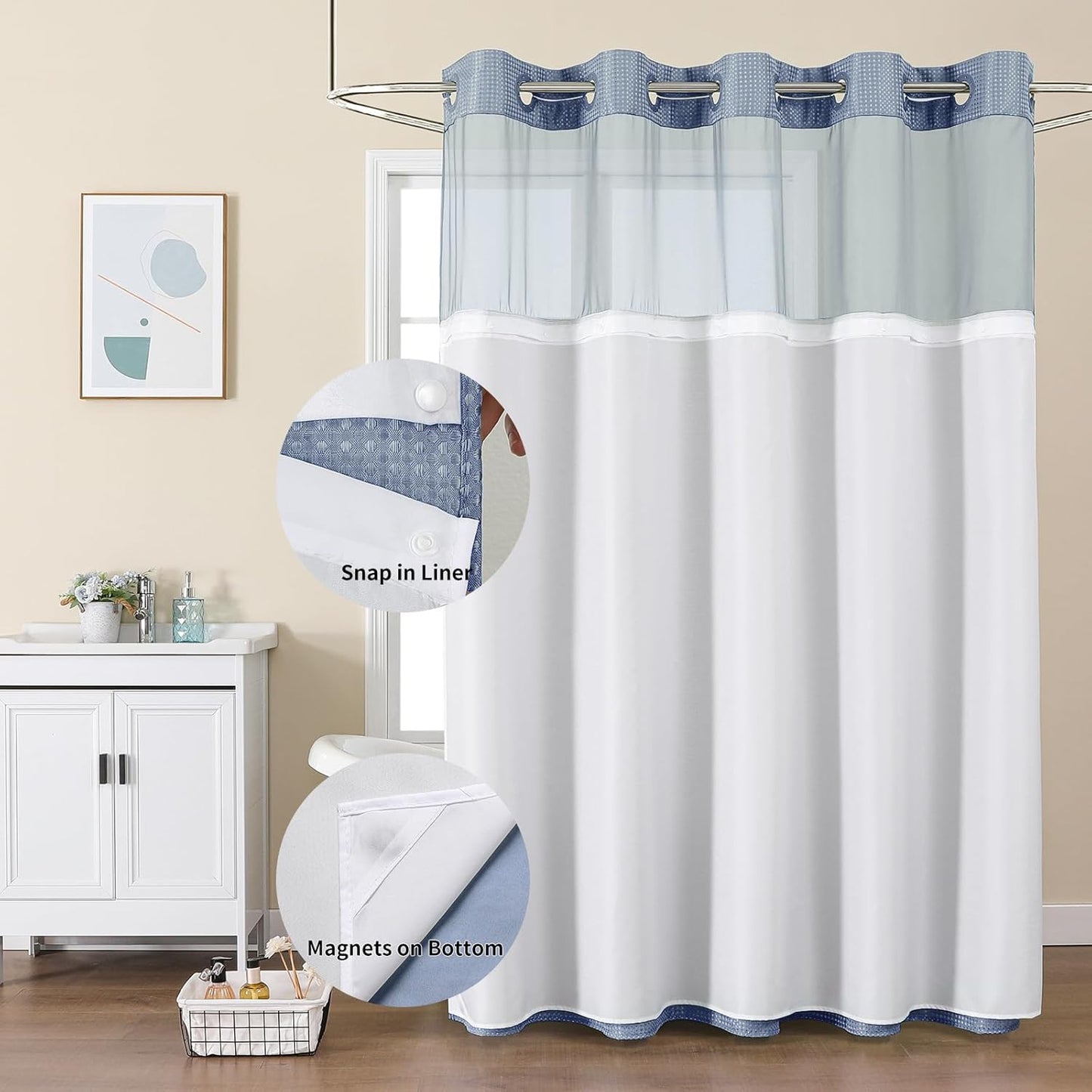 Skiennix No Hook Shower Curtain - Heavy Duty Waffle Weave with Mesh Top Window | 72 x 75 Inch, Moonlight Blue