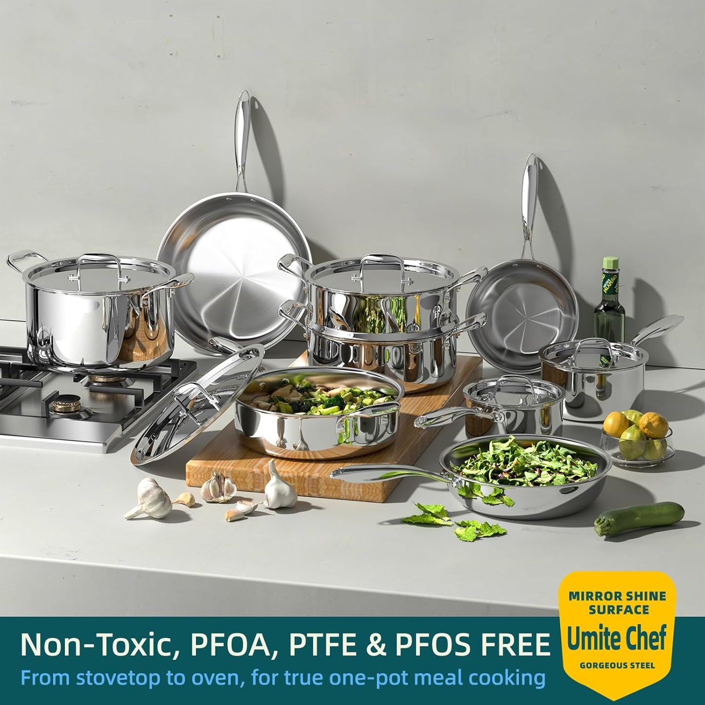 Umite Chef Stainless Steel Cookware Set - 14-Piece Induction-Ready, Heavy-Duty & Oven Safe | PFOA, PTFE & PFOS Free