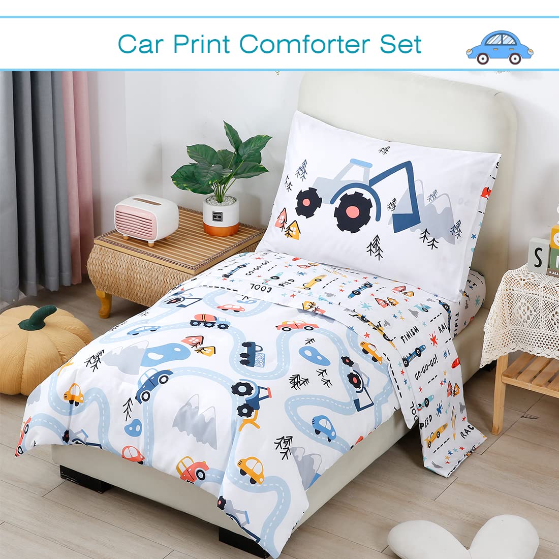 PERFEMET Comforter Set for Twin Bed Reversible Cars Pattern Bedding Set Soft Microfiber Bed in a Bag for Kids Boys Teens All Season Use(White, Twin)