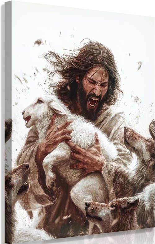 Jesus And Lamb Canvas Wall Art - Christian Home Decor | Gospel of Matthew Painting 12x16in Framed