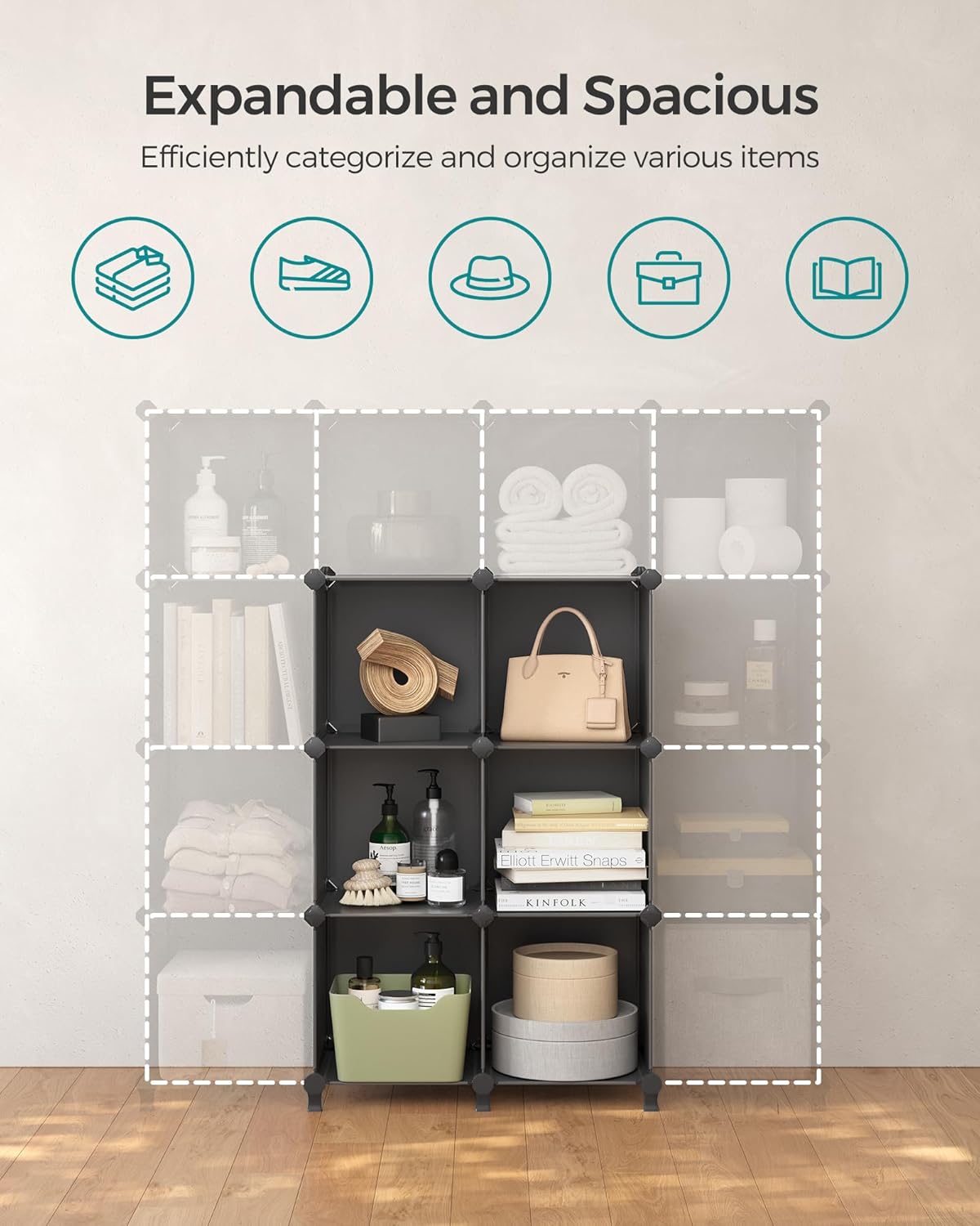 SONGMICS 6 Cube Storage Organizer - Modular Bookshelf with Stackable Shelves | Black, 11.8 x 11.8 x 11.8 Inch