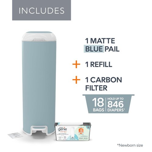 Diaper Genie Platinum Pail - Durable Stainless Steel with 1 Easy Roll Refill | Glacial Blue, Lasts 5 Months