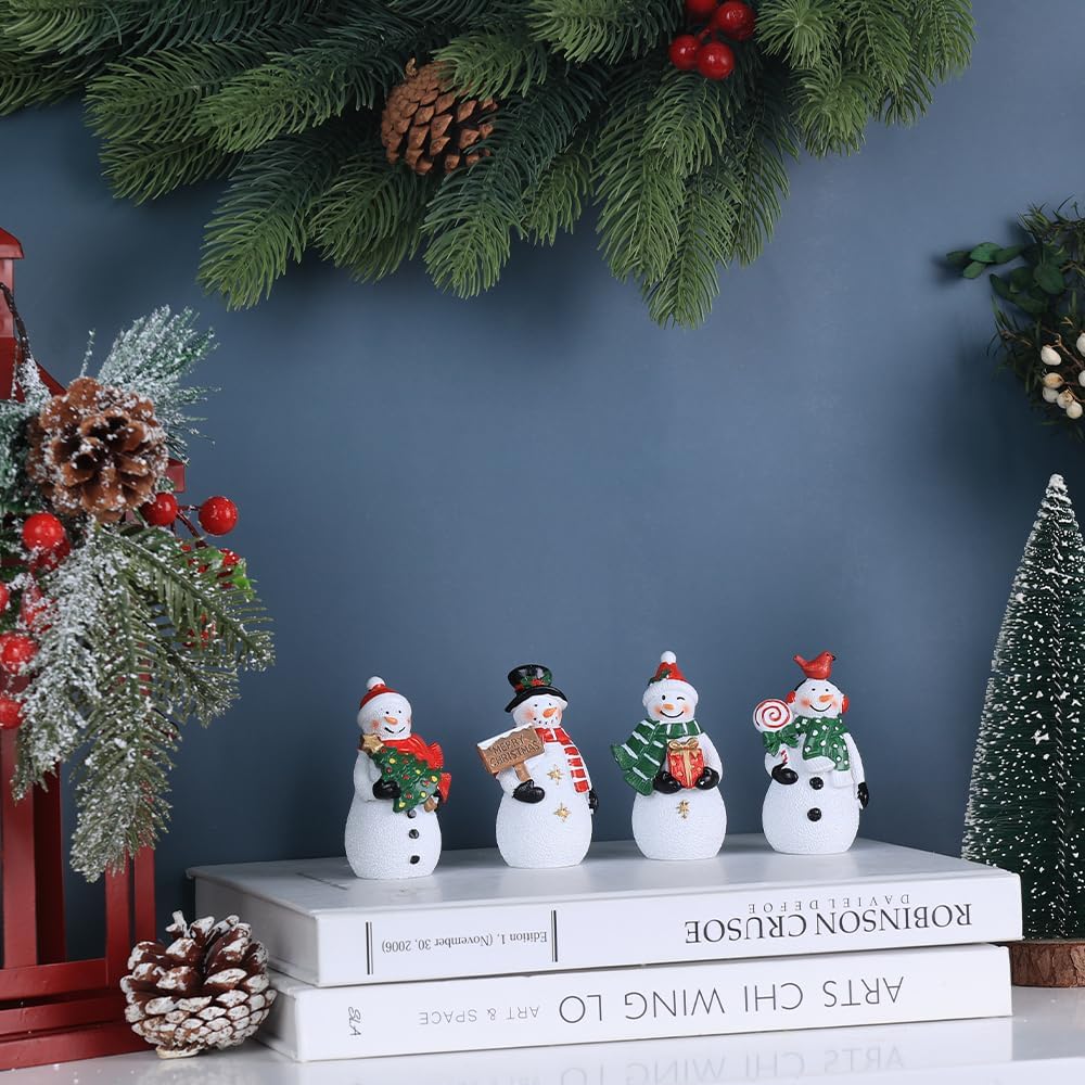 MEETYAMOR Christmas Snowman Ornaments - 4 PCS Rustic Resin Decor for Home & Table Display