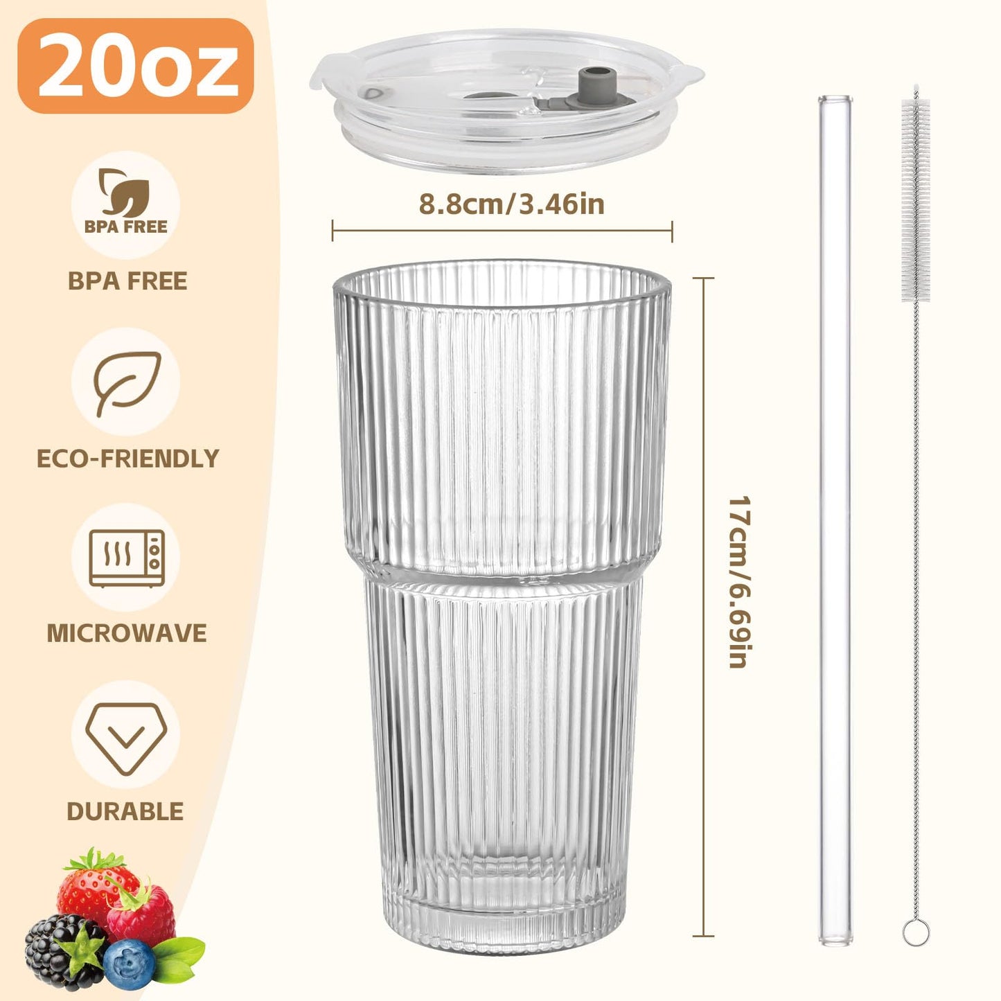 AUFXKOO 20oz Ribbed Glass Cups with Lids and Straws,1PCS Glass Tumbler with Straw and Lid,Iced Coffee Cups Drinking Glasses for Juice Whiskey Cocktail Beer