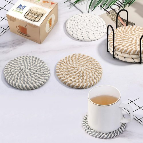 Farmhouse Coasters Set of 8 for Drinks, Absorbent Woven Coaster Set with Holder Cute Cloth Coasters for Home Decor Coffee Table Office Desk, Handmade Boho Decor Tabletop Protection