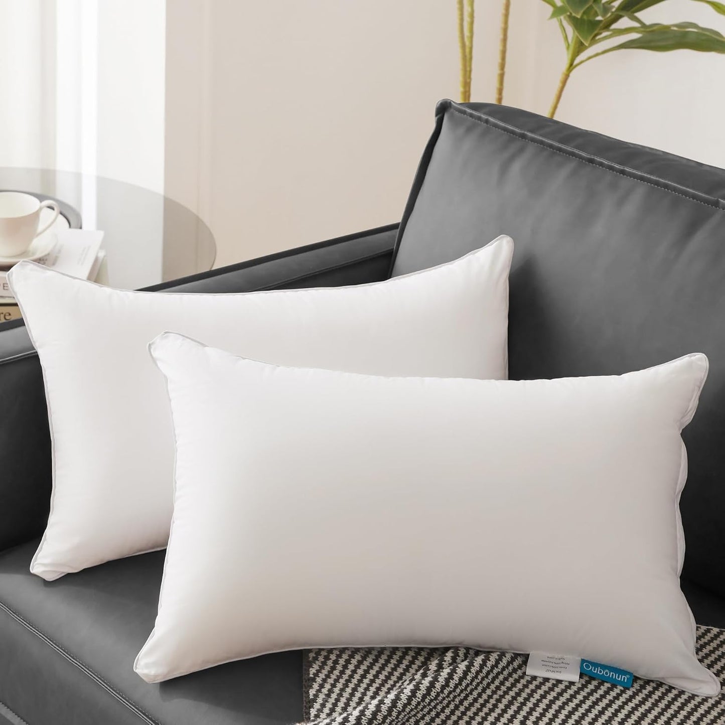 Oubonun Lumbar Pillow Set of 2 | 100% Cotton Decorative Rectangle Inserts - White Sofa Pillows