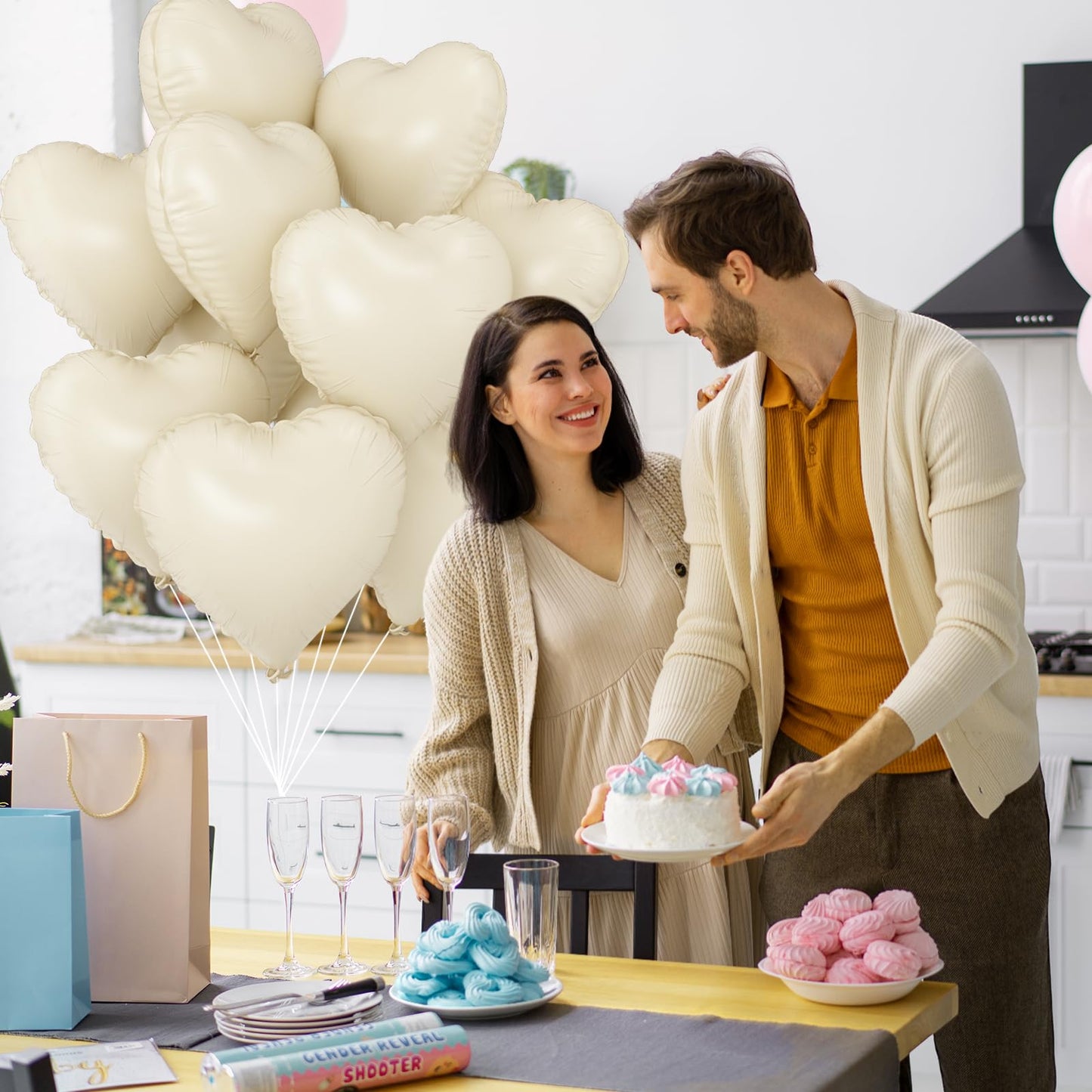 White Heart Balloons,10Pcs Cream White Foil Heart Shaped Balloons,18Inch Beige Helium Polyester Film Balloon for Valentines Engagement Birthday Baby Shower Wedding Party Decorations