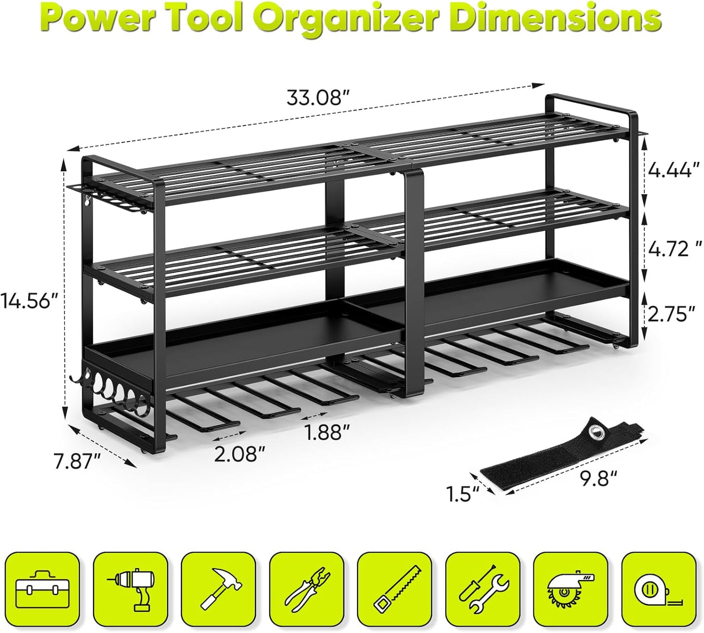 POKIPO 33" W Heavy-Duty Power Tool Organizer - 4-Tier Wall Mount Storage for 8 Drills & Batteries | Garage Utility Rack