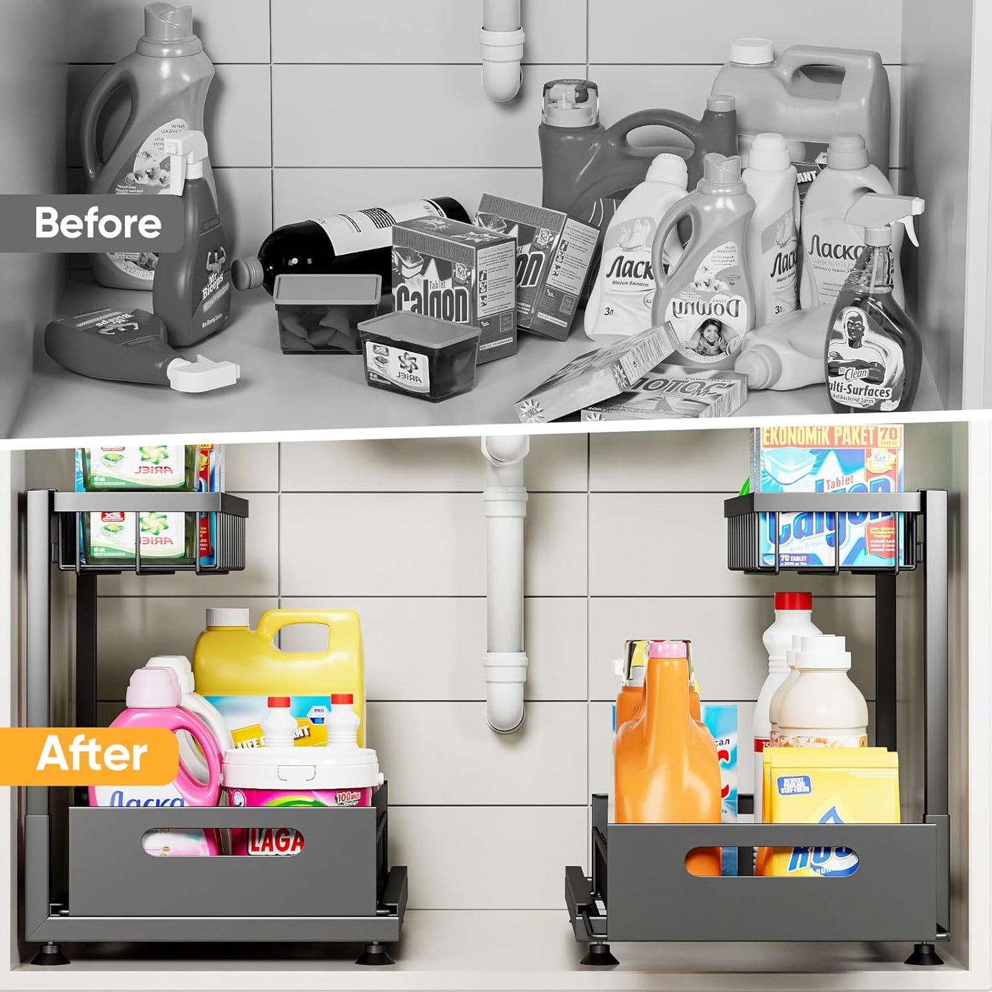 Saydear Under Sink Organizer - 2-Tier Premium Metal Pull-Out Storage with Sliding Drawer | Adjustable Height, Heavy Duty, Black (2 Pack)