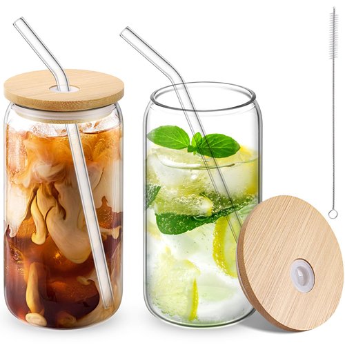 CWHHRN Glass Cups with Lid and Straw, 16oz Beer Glasses Coffee Cups, Iced Coffee Cups with Straw, Glass Tumbler (2 PACK)