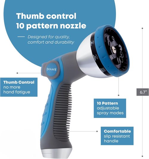INNAV8 Garden Hose Nozzle - Heavy Duty Design with 10 Spray Patterns & Thumb Control Valve | Perfect for Outdoor Use