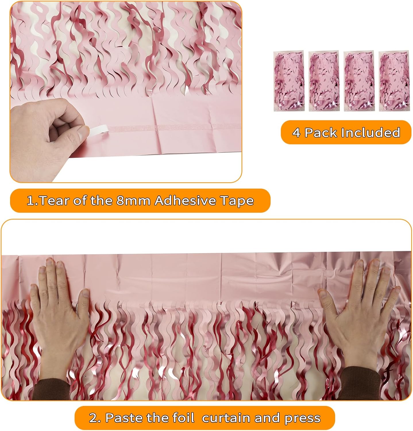 Skiennix Pink Tinsel Curtain - 4 Pack Wavy Foil Fringe Backdrop for Princess Bachelorette Parties | 3.3x6.6ft