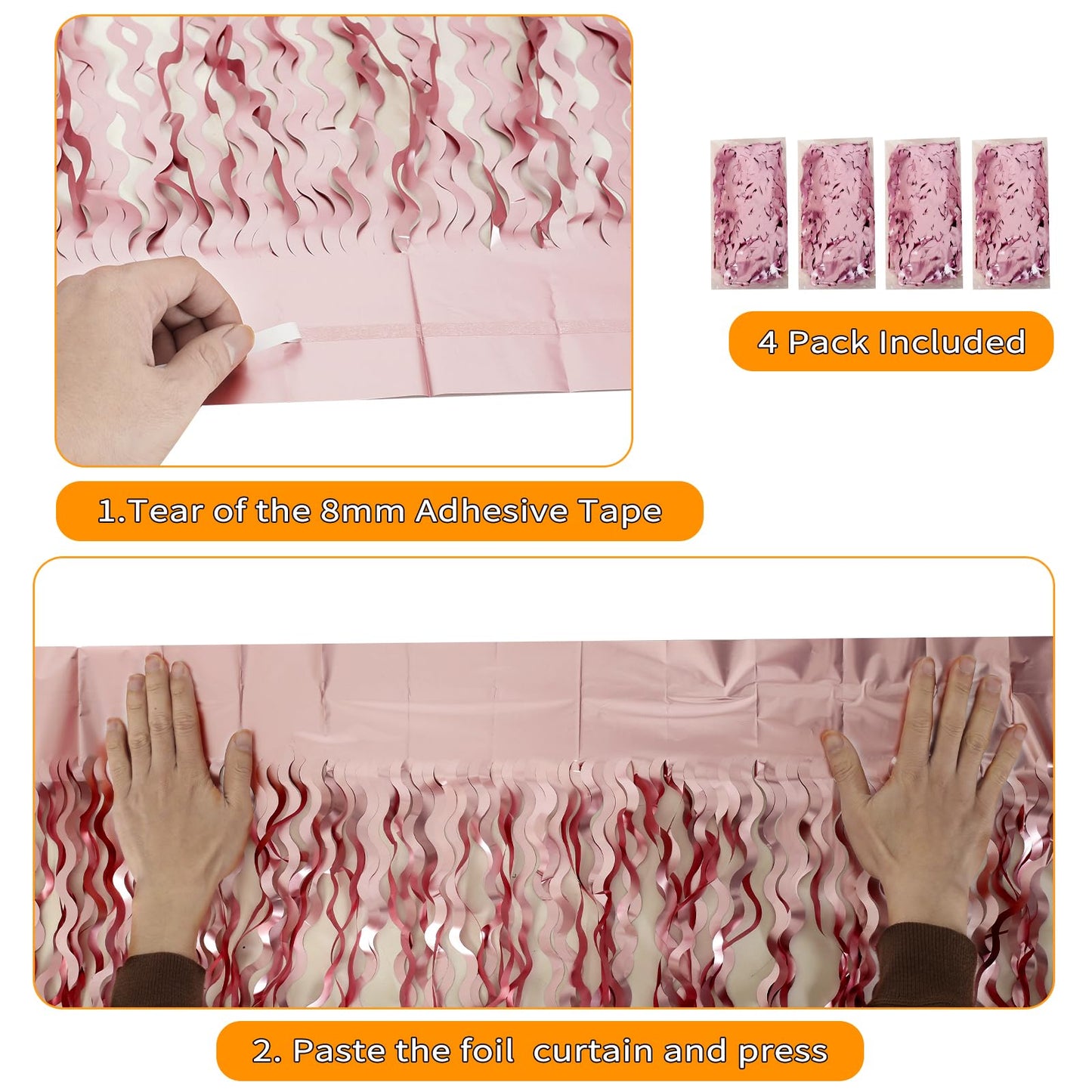 4 Pack 3.3x6.6ft Pink Tinsel Curtain Party Backdrop - Wavy Foil Fringe Curtain Party Streamers for Girl Princess Bachelorette Disco Party Decorations
