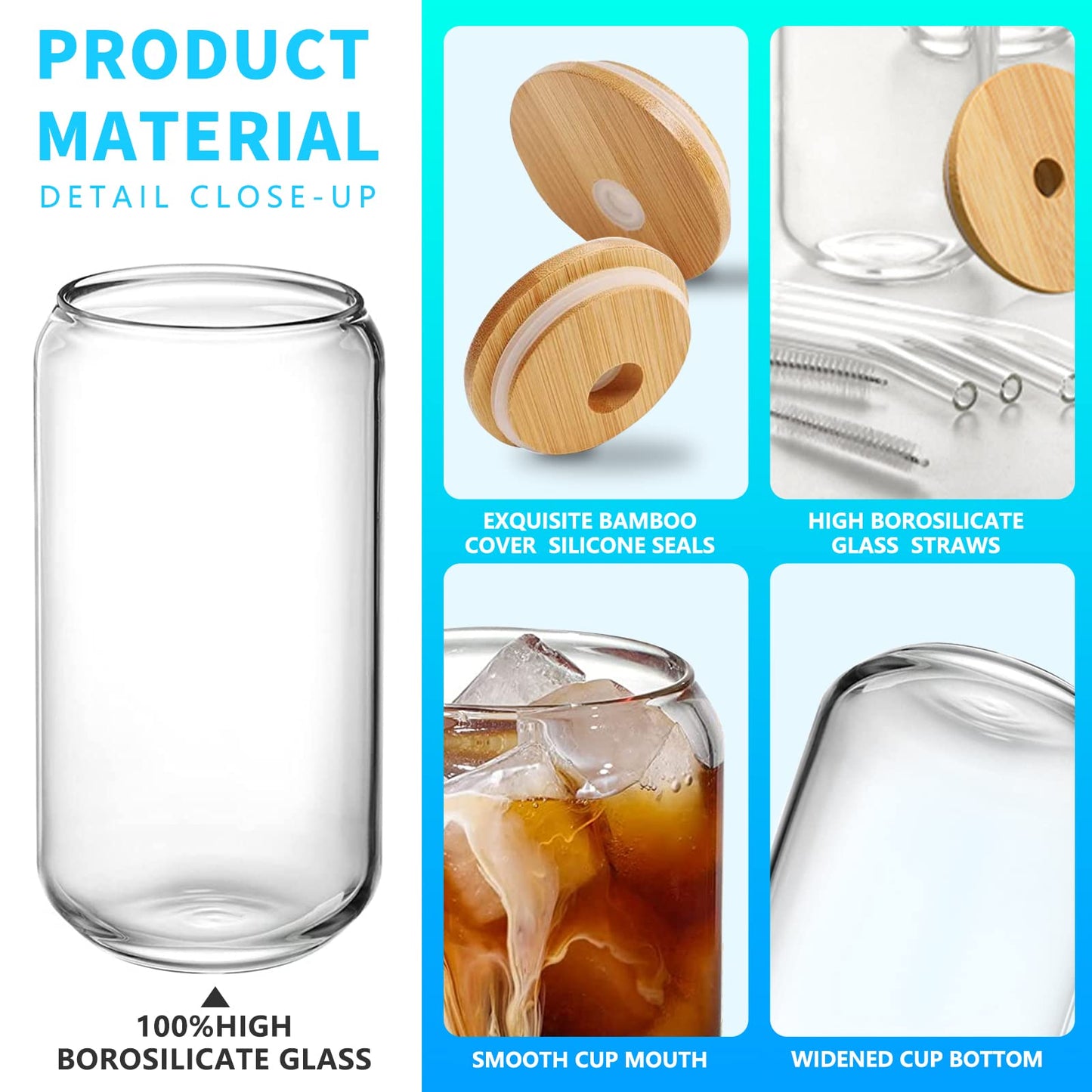 LSXKAMIX Drinking Glasses with Bamboo Lids and Glass Straws, 4-Piece Set - 16oz Can-Shaped Tumblers for Iced Coffee, Beer, Cocktails, and Whiskey - Includes 2 Cleaning Brushes, Ideal Gift