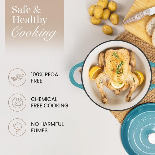 Cast Iron Dutch Oven with Lid – Non-Stick Ovenproof Enamelled Casserole Pot – Sturdy Dutch Oven Cookware – Teal, 7.3-Quart, 30cm – by Nuovva