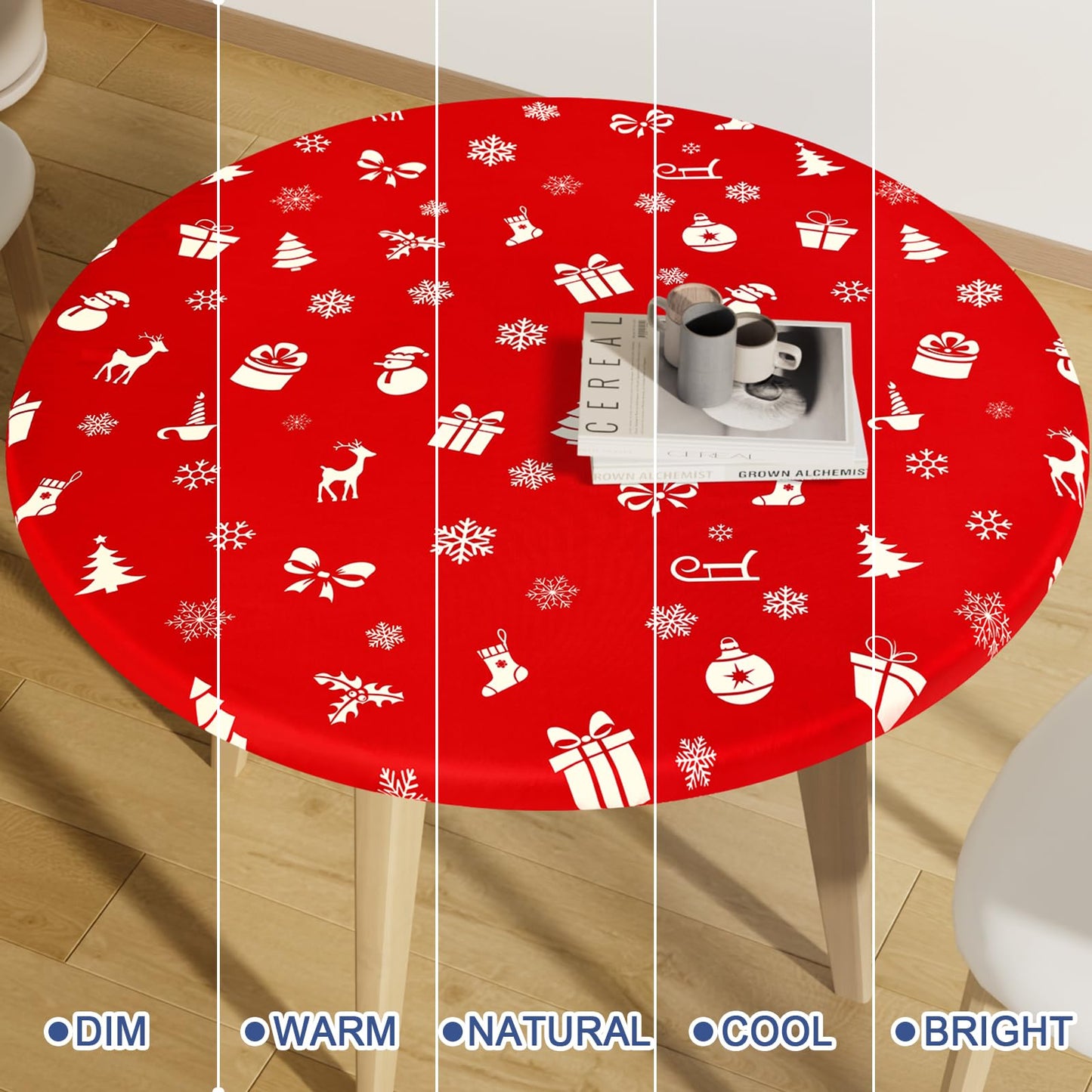 Moosfor Round Spandex Christmas Tablecloth, Elastic Fitted Waterproof Tablecloths for 45"-56" Tables, Stretch Washable Picnic Table Cover for Christmas Dinner, Box Snowflake