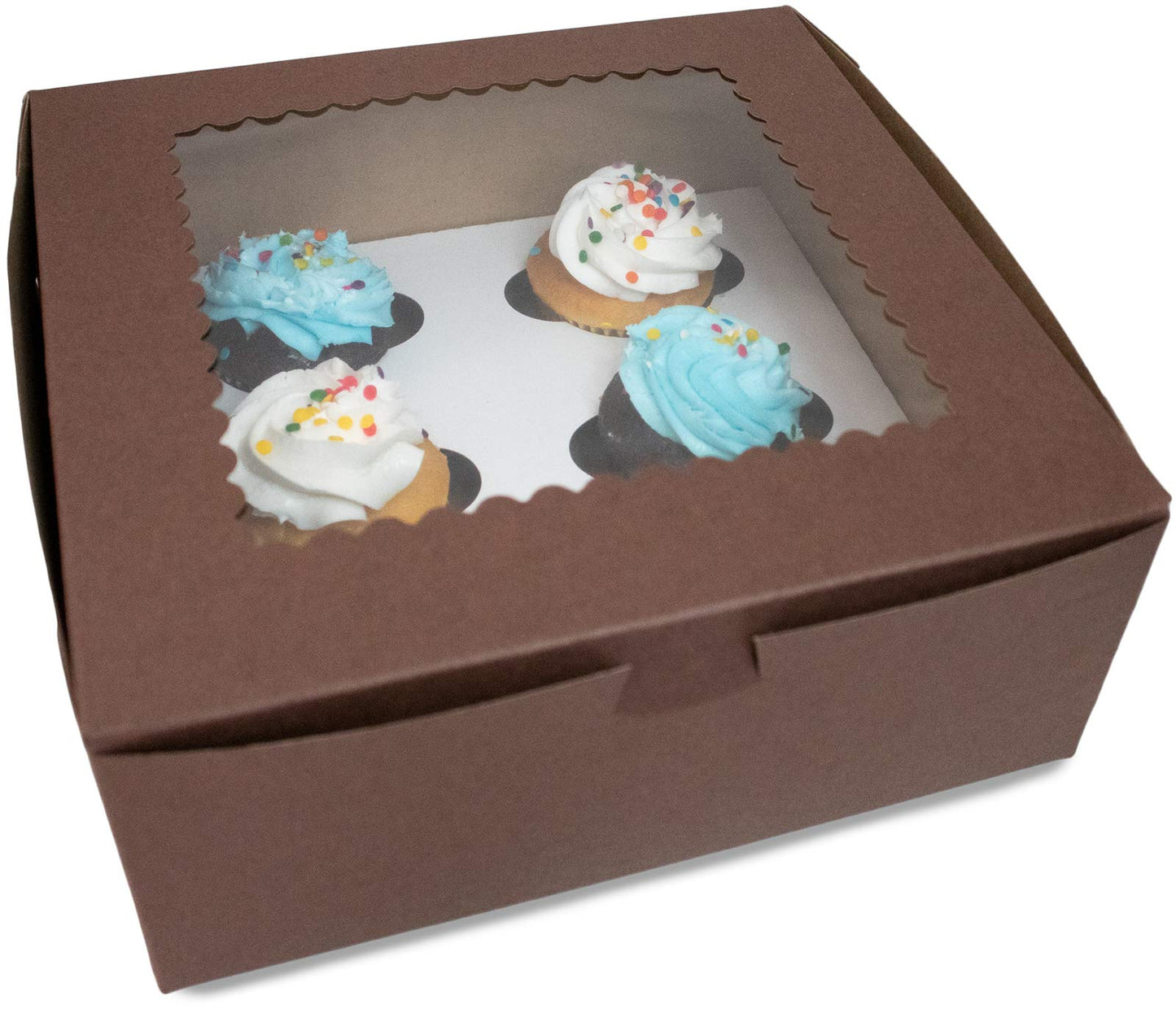 Made in USA 10" X 10" X 4" Recycled Chocolate Kraft Boxes for 6 Cupcakes with Scalloped Window & Inserts (Pack of 10 – Front Loading)