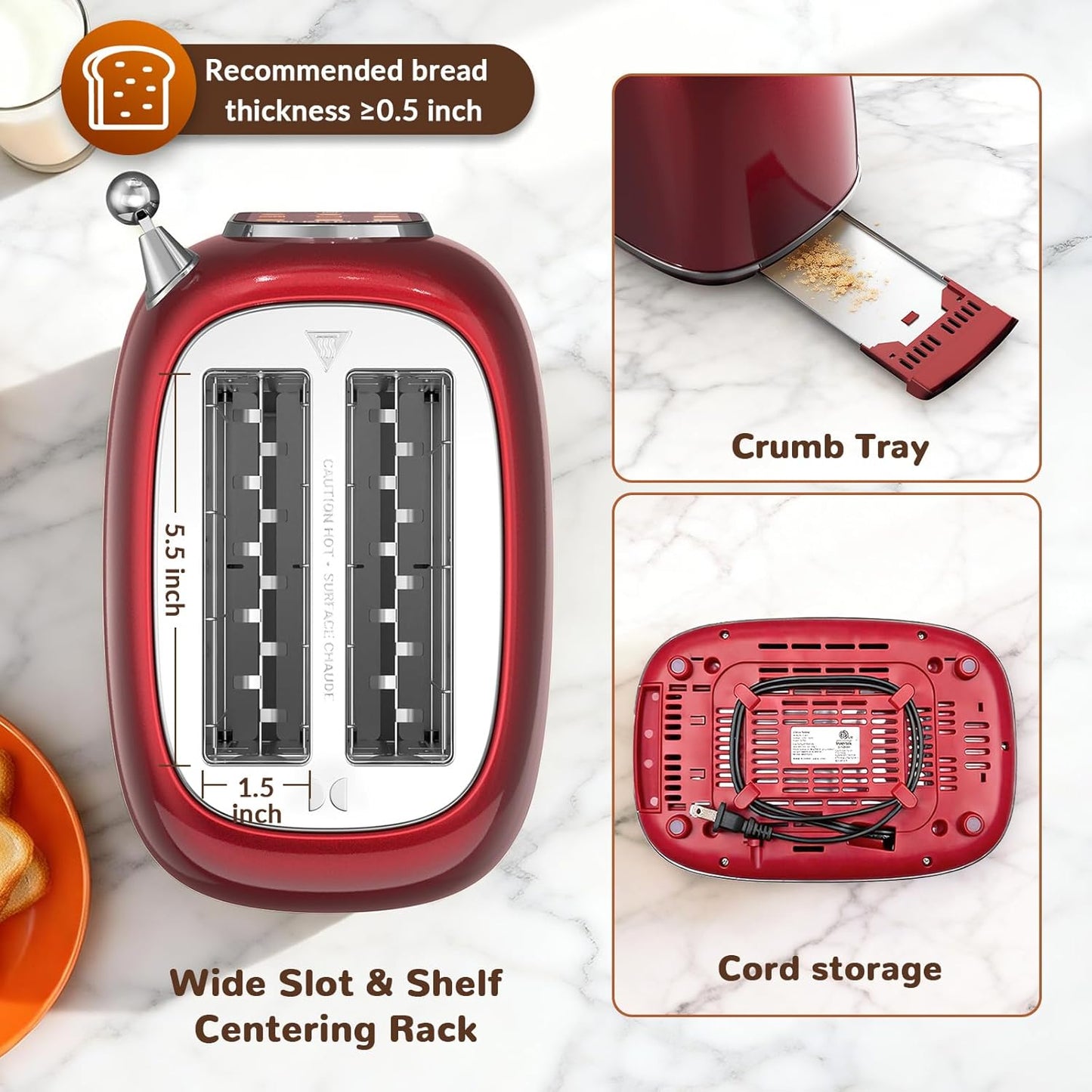 Mecity Toaster - 2 Slice Retro Touch Screen Toaster for Bread, Bagels & Muffins | Red Pearl, 120V 825W