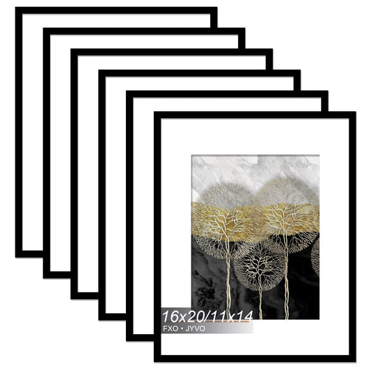 Fxojyvo 16x20 Picture Frame Set of 6, Display Poster 11x14 with Mat or 16 x 20 Without Mat, Light Weight and High Transparent 16 by 20 Frame for Wall - 6 Pack/Black/16 x20
