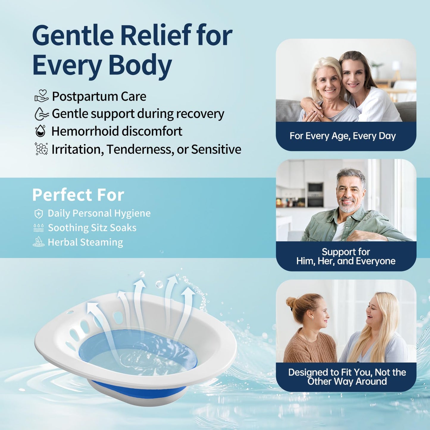 RUGUO Sitz Bath for Toilet Seat - Yoni Steam Seat - Sitz Bath for Hemorrhoids and Postpartum Care - Portable Bidet BPA Free - Foldable Basin for Epsom Salt Soak - Blue