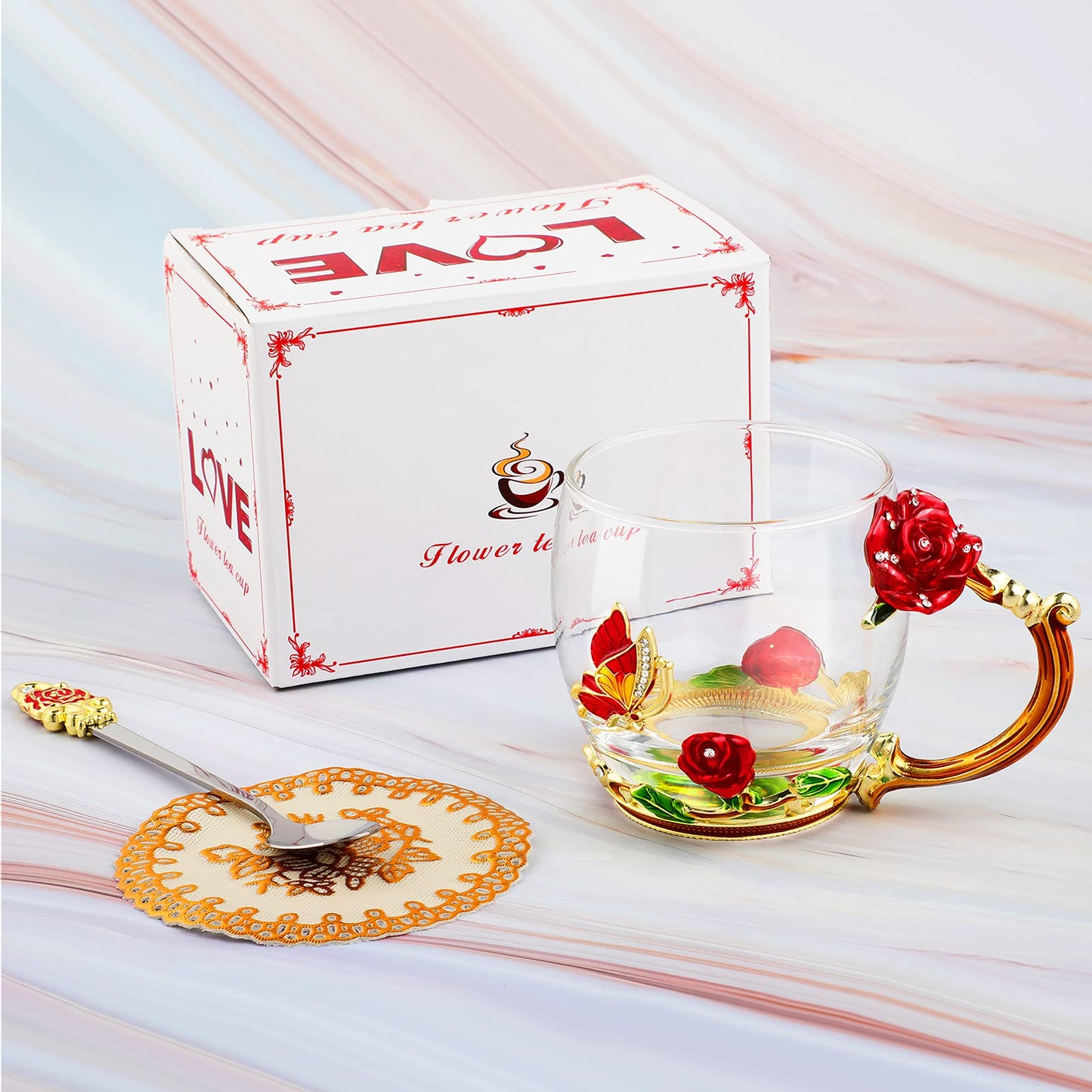 WD&CD Rose Butterfly Glass Tea Coffee Cups Mugs with Spoon and Coaster, Gifts for Her Girlfriend Wife Mum Women on Valentine's Day Mother's Day Christmas, Red Short