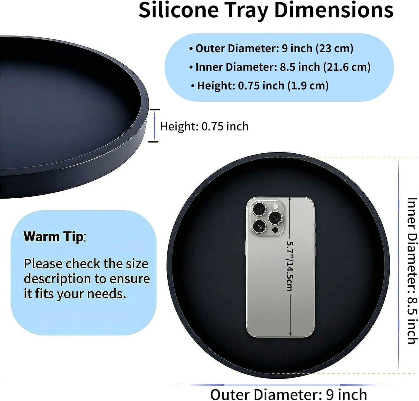 Skiennix Silicone Bathroom Tray - 9-Inch Round Vanity Tray for Candles, Perfumes, Soap Dispensers | Black