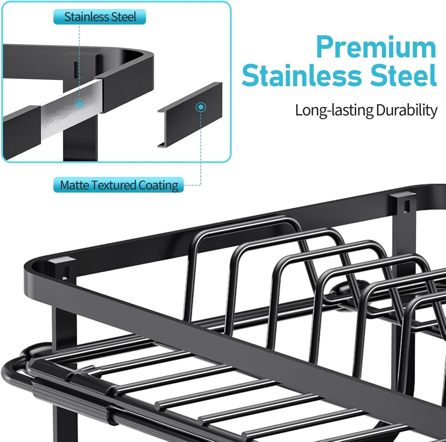 TOOLF Dish Drying Rack - 2-Tier Stainless Steel Kitchen Rack with Large Drainboard & Utensil Holders | Black