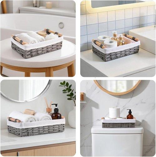 HomeHacks Storage Baskets - 2 Pack Decorative Paper Rope Bins with Handles for Organizing - Grey