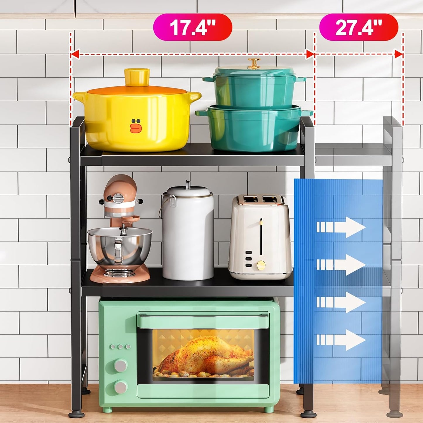 Microwave Stand - 3-Tier Expandable Heavy Duty Adjustable Shelf | Kitchen Organizer with Hooks & Cutting Board Holder, Black