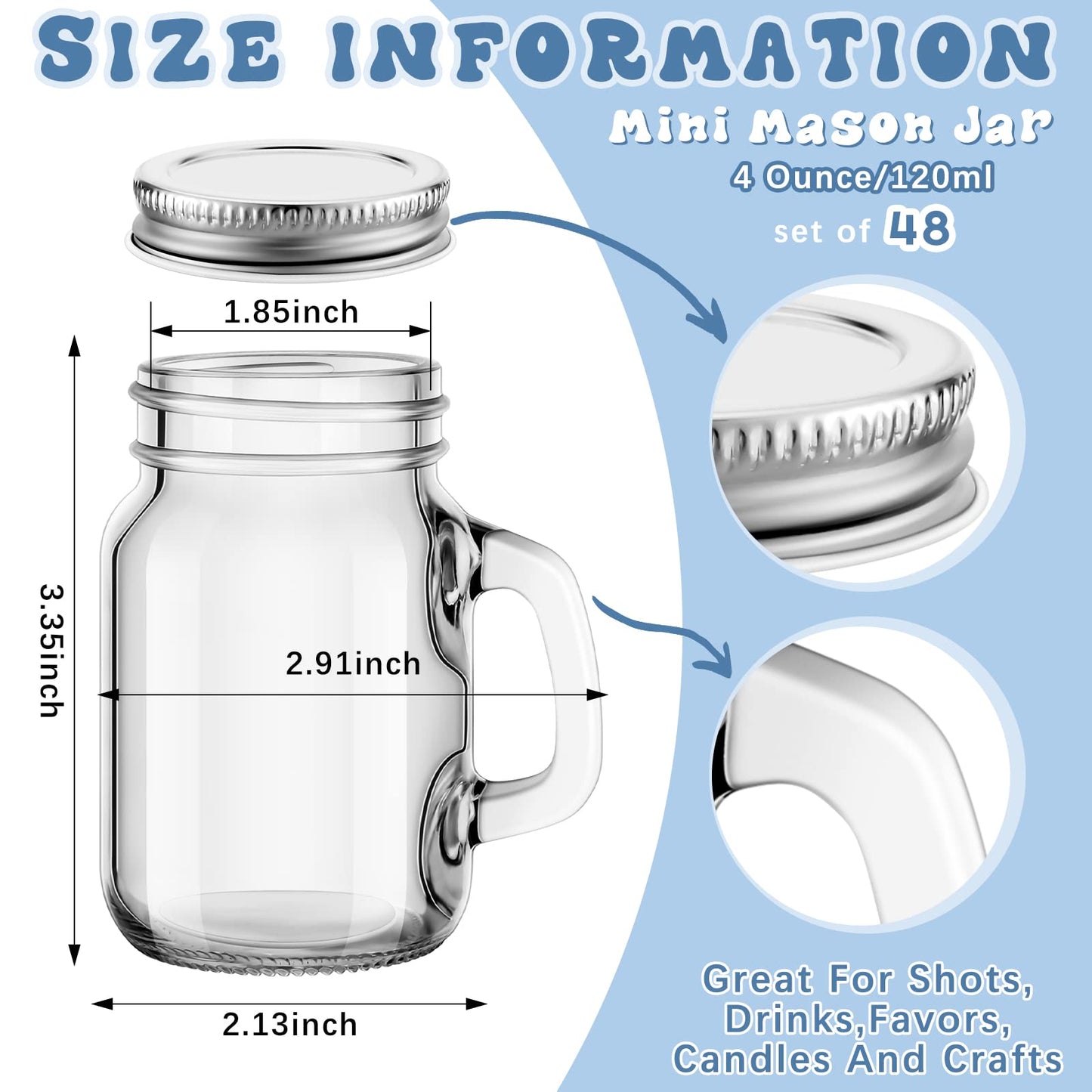 Tessco for you 48 Pcs 4 oz Mini Mason Jars with Lids and Handles Small Glass Mason Canning Jars Mugs Cup for Jams, Jelly, Honey, Spices, Dried Snacks, DIY Crafts, Shower Wedding Favors