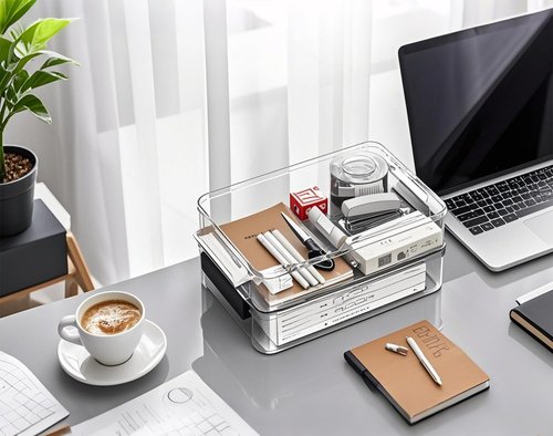 Clear Portable Project Case by [Brand Name] - Stackable Storage Boxes for A4 Files & Art Supplies | Large Size with Blue Latch