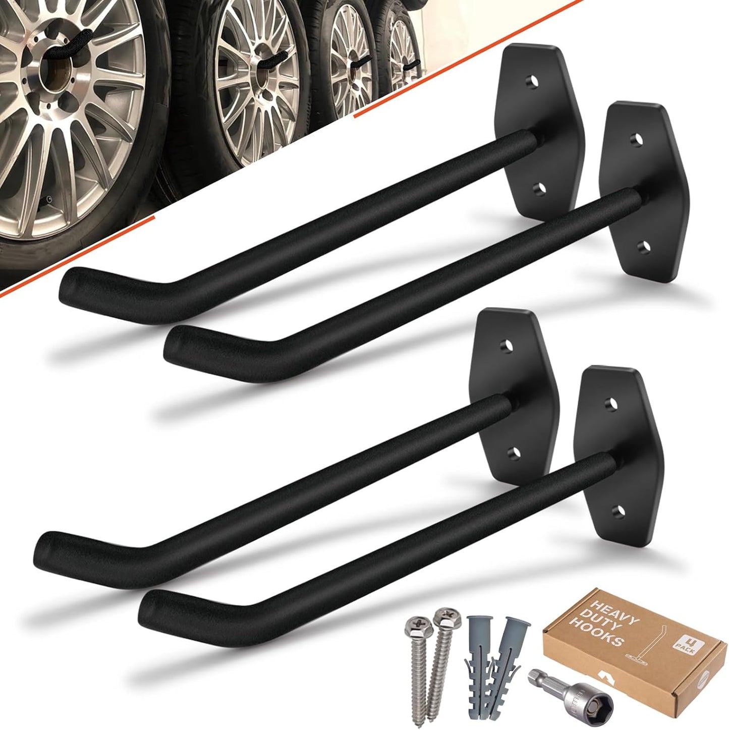 Skiennix Tire Rack Wall Mount - Heavy Duty 10-Inch Garage Hooks for Organizing Wheels & Tools | 4-Pack