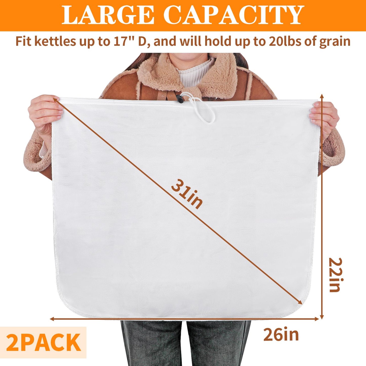 Brew Bags, 2 Pack Extra Large Reusable Straining Bag, 26"x22", 250 Micron Fine Mesh Strainer Bag with Adjustable Drawstring for Home Brewing Hops Grains Fruit Wine Beer Making Brew in a Bag Supplies