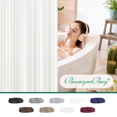 Biscaynebay Fabric Shower Curtain or Liner 72" by 72", Ivory Water Repellent Damask Stripes Bathroom Curtains Machine Washable