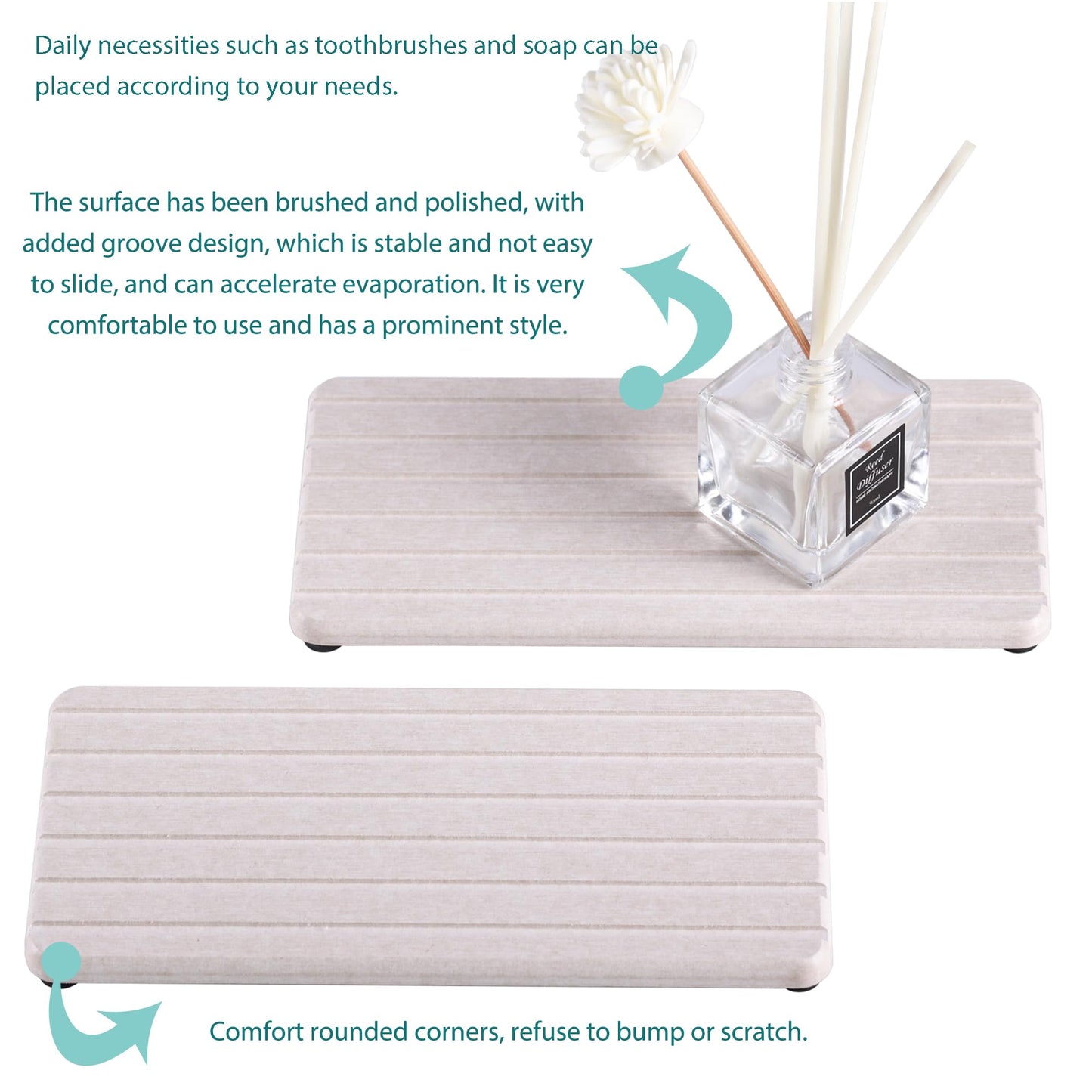 NiuYichee 2 PCS Water Absorbent diatomite Coasters, 8.3" x 4" Water Absorbing Stone Tray for Sink, Stone Drying mat for Kitchen Counter, Stone soap Tray Used for Hand Soaps & toiletries & Plants