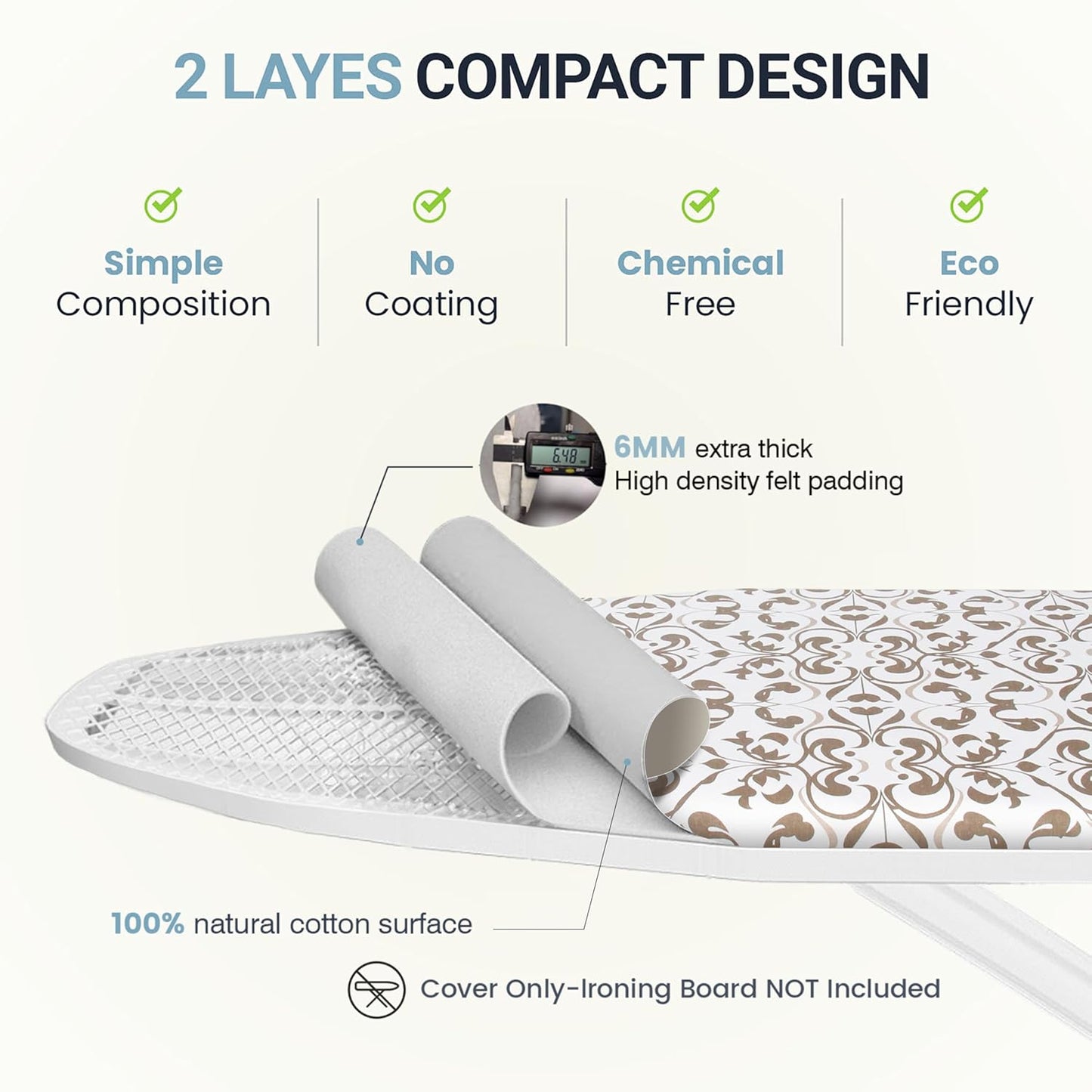UniSimp Ironing Board Cover - Extra Thick Natural Cotton, Scorch & Stain Resistant | 18"x54", Taupe