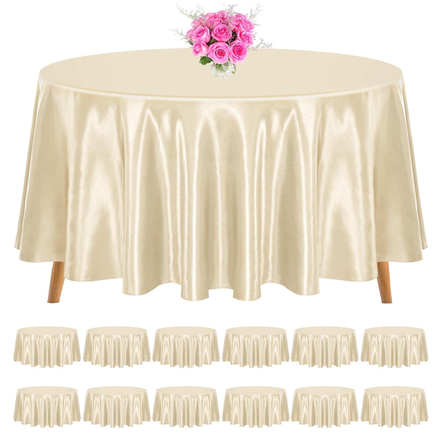 REWOMC 12 Pack 90 Inch Round Tablecloth, Champagne Satin Fabric, Wrinkle & Stain Resistant, Perfect for Weddings & Banquets