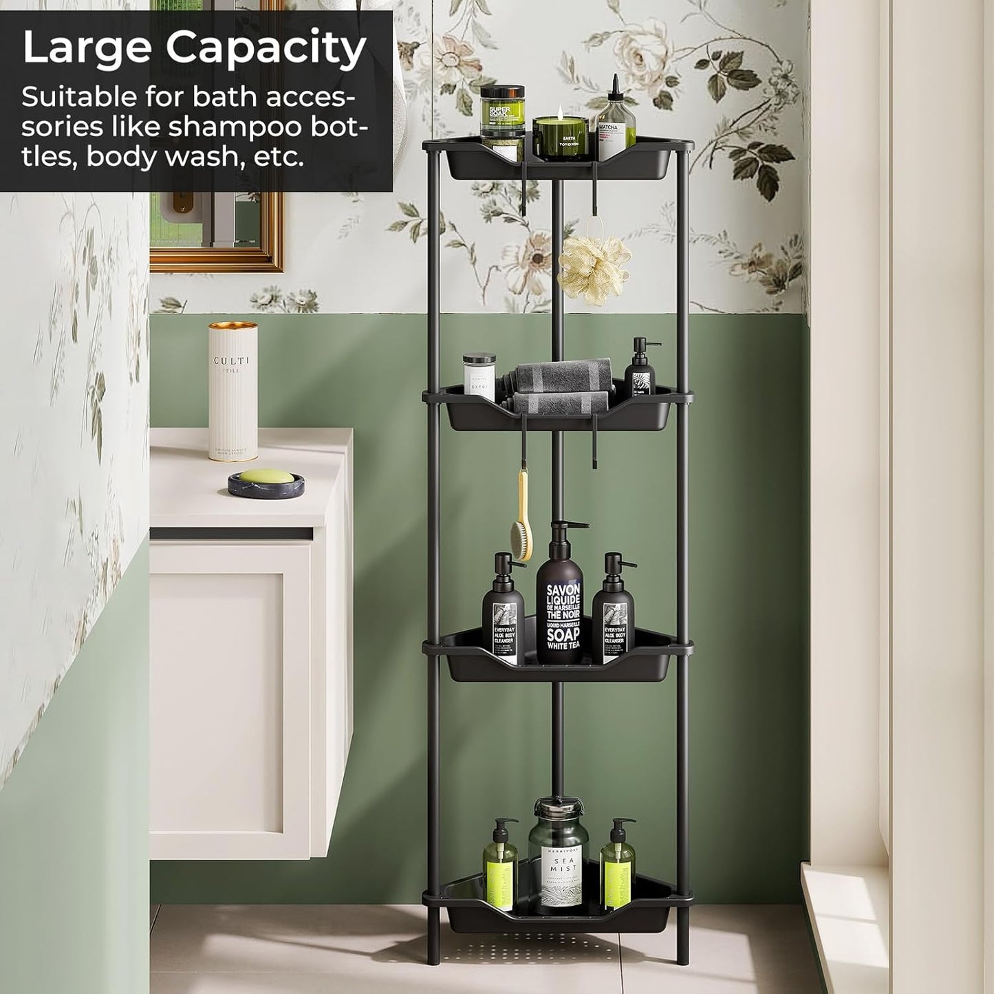 ODesign 4-Tier Corner Shower Caddy - Rustproof Organizer for Bathroom & Living Room | Black Metal & Plastic