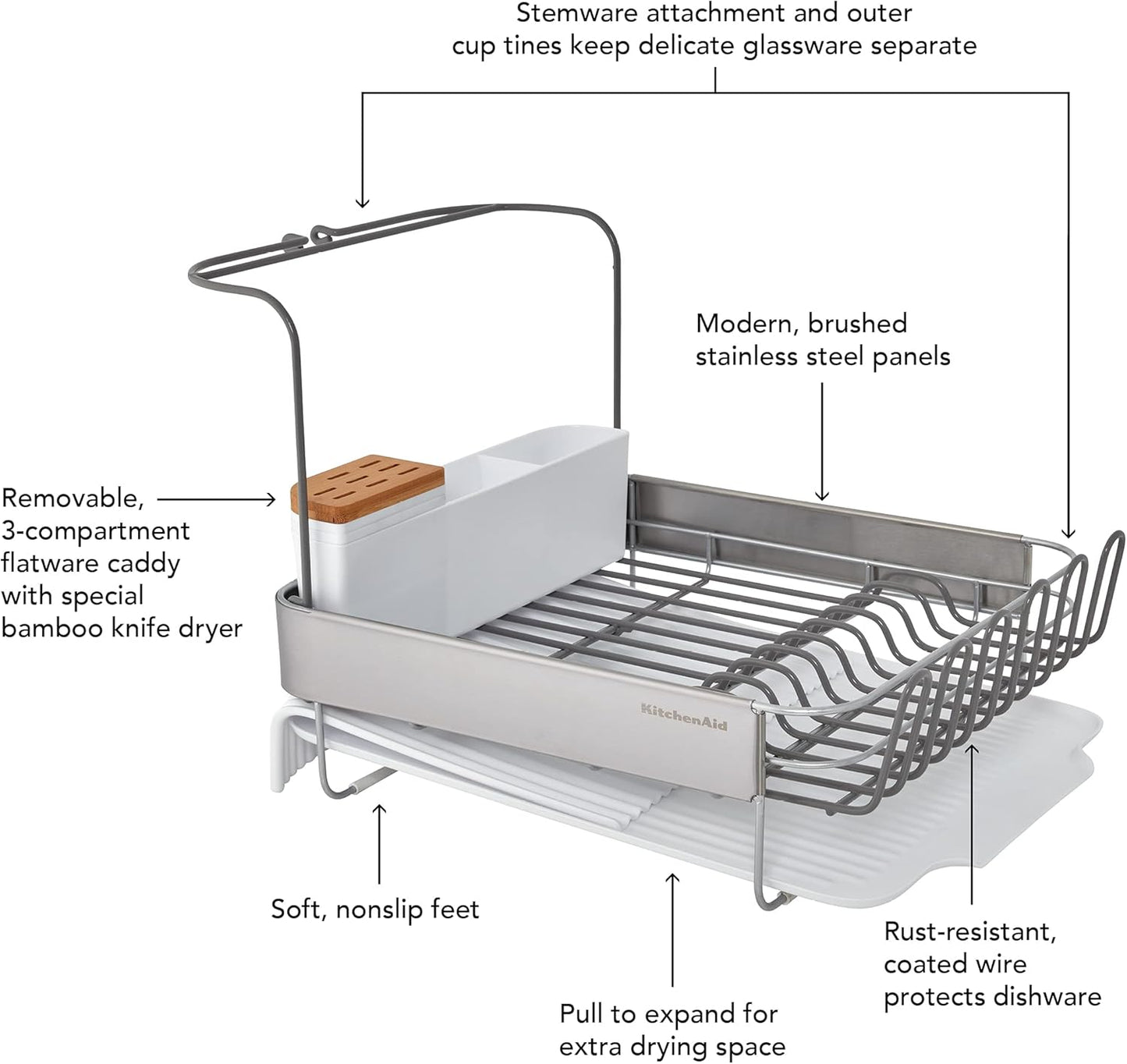 KitchenAid Expandable Dish Rack - Rust Resistant with Self-Draining Angled Drainboard | 24-Inch, White