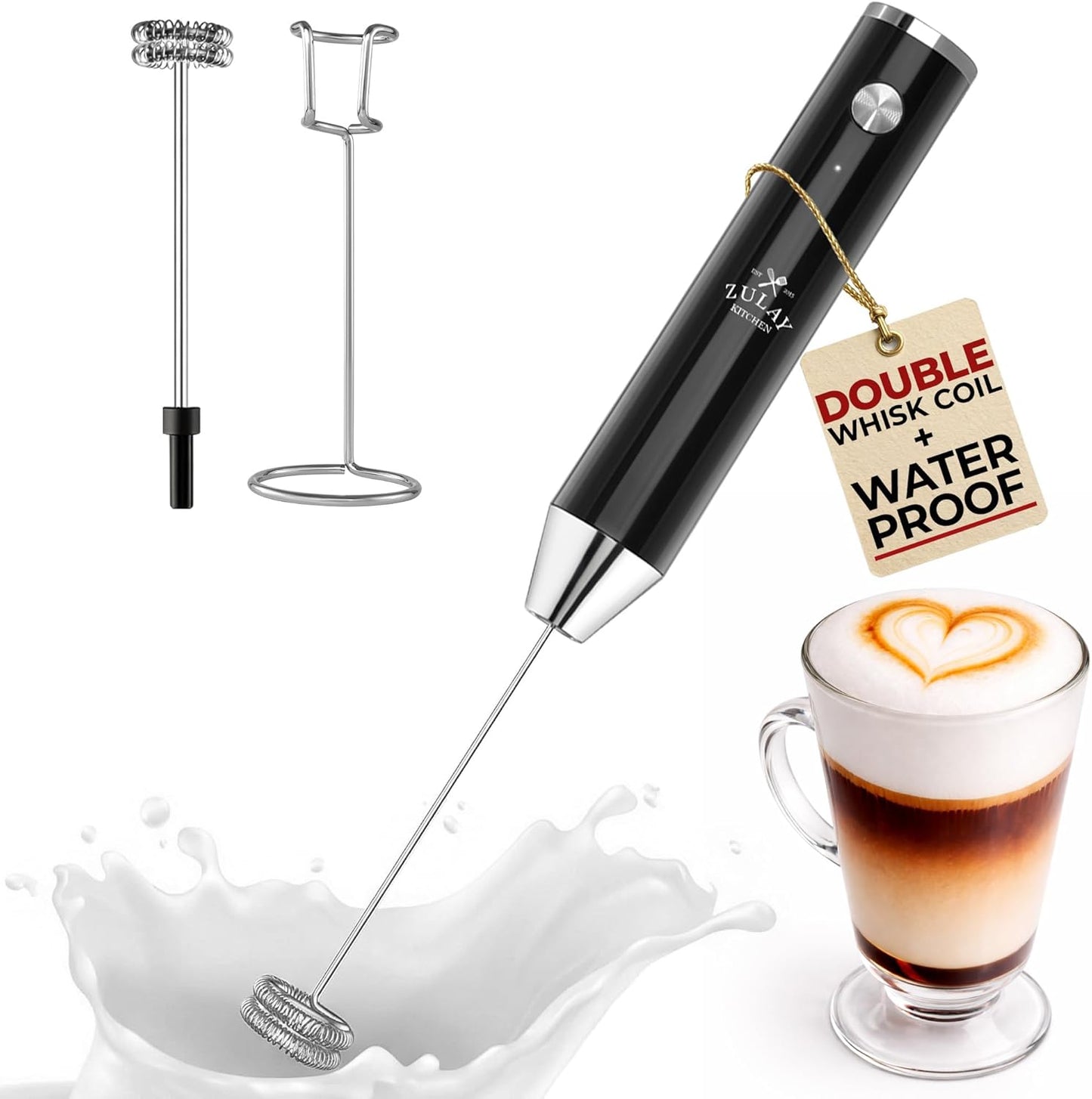 Zulay Kitchen Rechargeable Milk Frother - Powerful 2-Speed Motor, Waterproof, 2000mAh Battery | Drink Mixer for Lattes, Cappuccinos, Matcha & Protein Powder - Obsidian Black