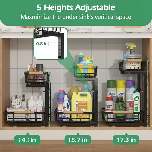 ADRIMER Under Sink Organizer - 2 Tier Pull-Out Kitchen & Bathroom Storage Shelf | Black, Set of 2