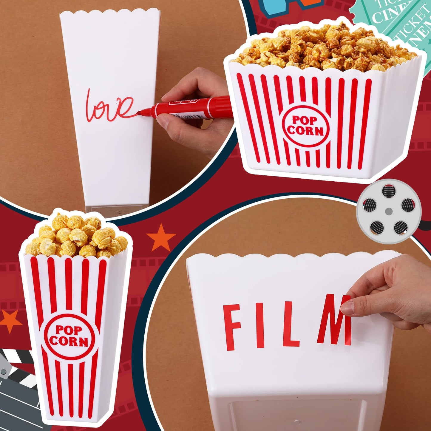 Reallnaive 15 Pcs Movie Night Popcorn Organizer Set Family Red & White Striped Plastic Popcorn Container Reusable Drinking Cup for Holiday Parties, Family Gatherings & Home Theater