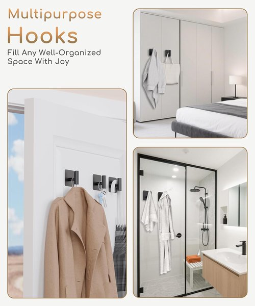 Aikzik 4 Pack Heavy Duty Wall Hooks - 26lb Max Stainless Steel Adhesive Towel & Coat Hooks | Matte Black