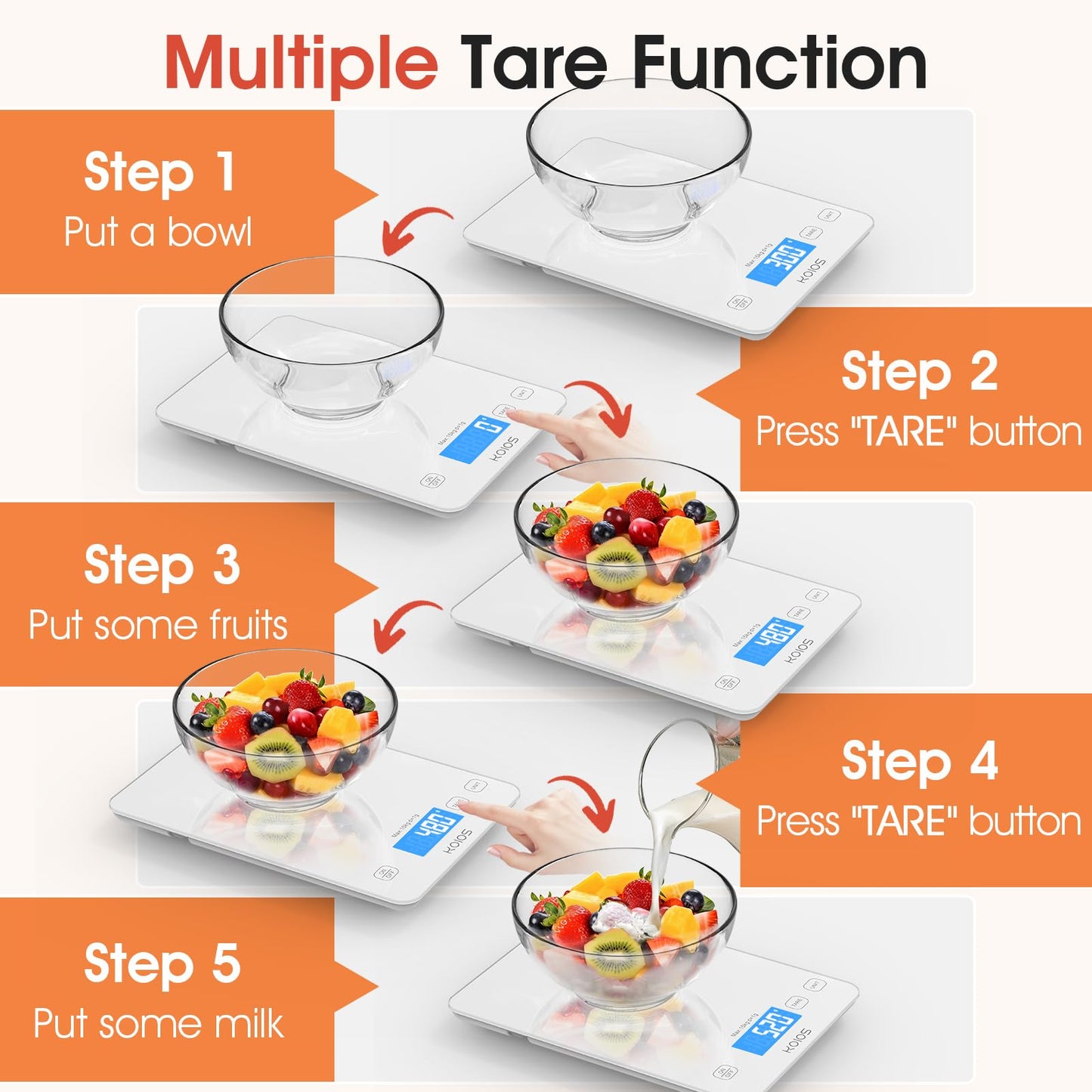 KOIOS Kitchen Scale, 33lb/15kg Digital Food Scales Weight in Grams and Ounces for Cooking Baking, 1g/0.1oz Precise Graduation, Batteries and Type-C Charging, Tare Function, LCD Display, White
