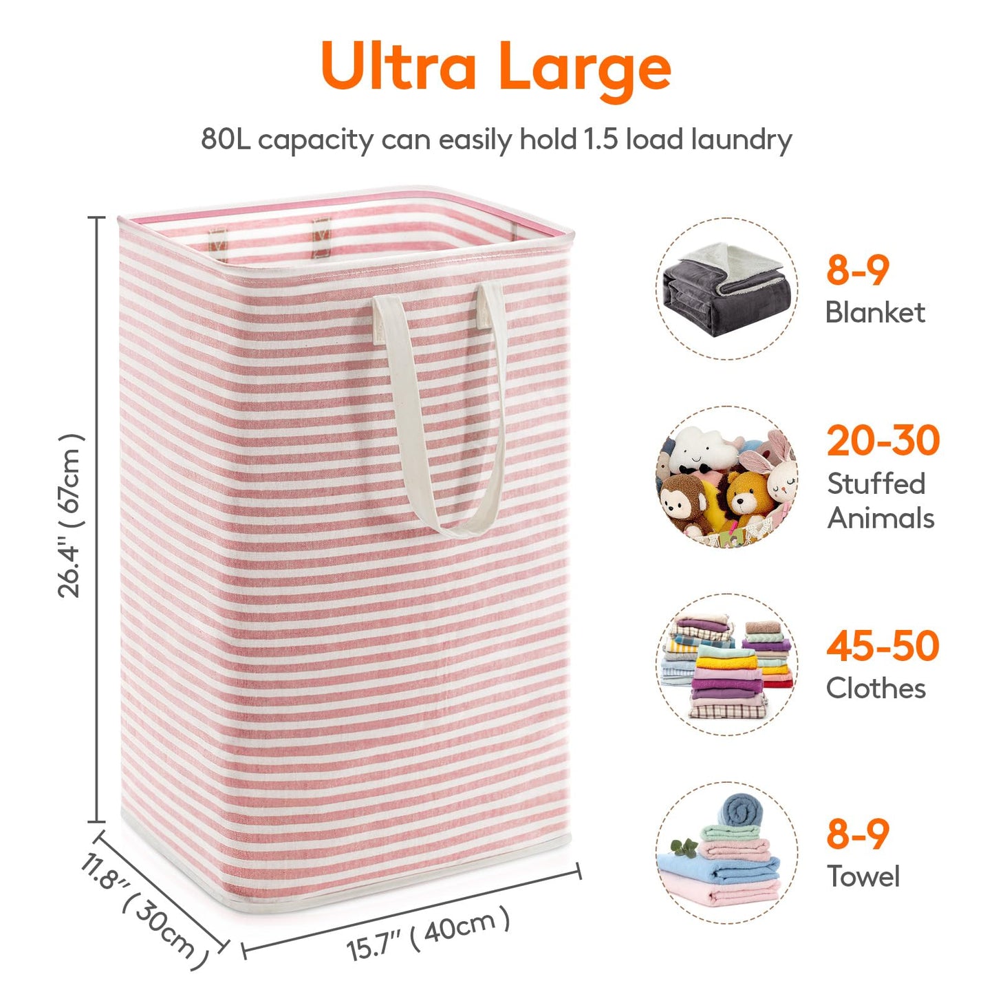 Lifewit 1 Pack Laundry Basket 80L Each, Collapsible Clothes Hamper with Reinforced Handles, Freestanding Waterproof Design for Bedroom and Laundry Room, Pink 80L Total