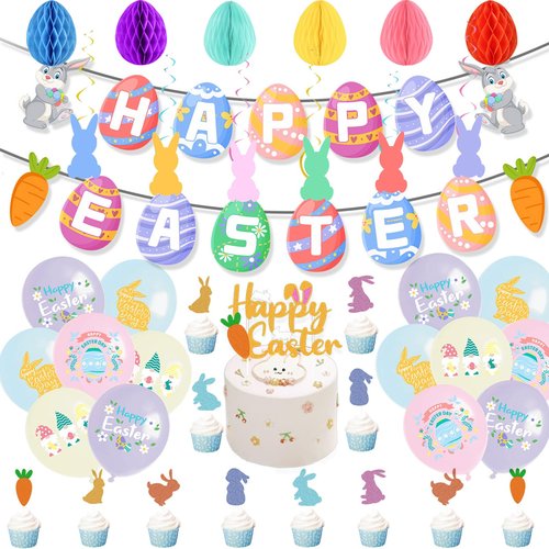 Easter Party Hanging Decorations Bunny Egg Banner Hang Swirls Honeycombs Balloons Cake Inserts for Home Office School Party Supplies